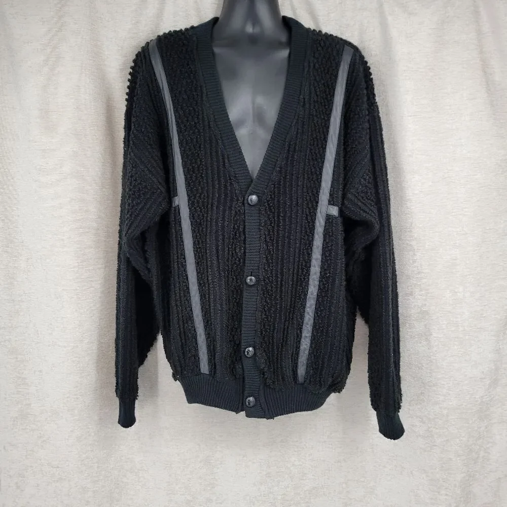 Eclectic Grandpacore Vintage Terry Knit Sweater Cardigan with Leather Trim